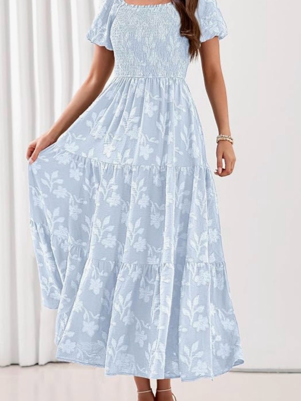 Light Blue Floral Midi Dress with Smocked Bodice and Puff Sleeves